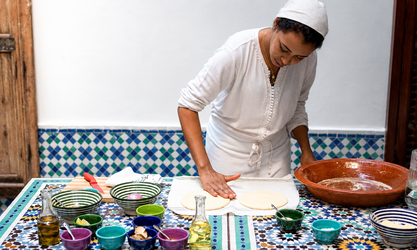 A dada's hands guiding a child's hands over the dough in a Marrakech riad kitchen, Morocco.