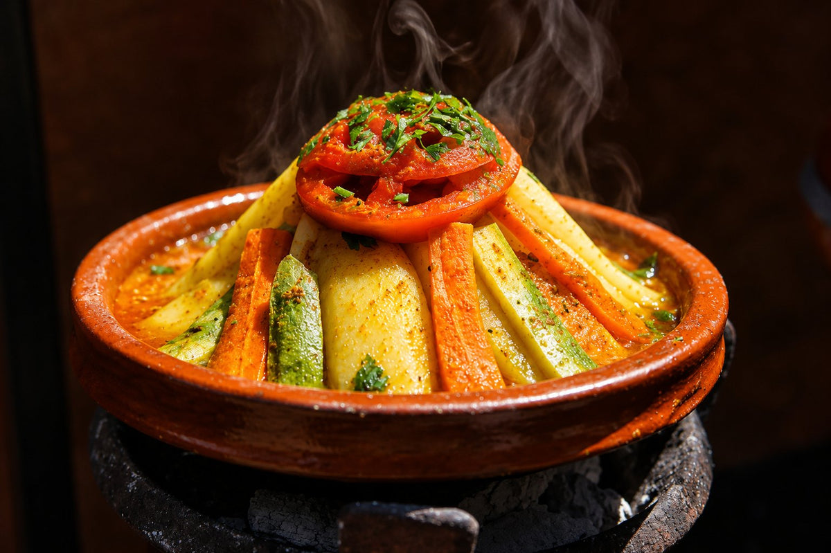 Steaming vegetable tagine with carrots, courgettes and a tomato on top