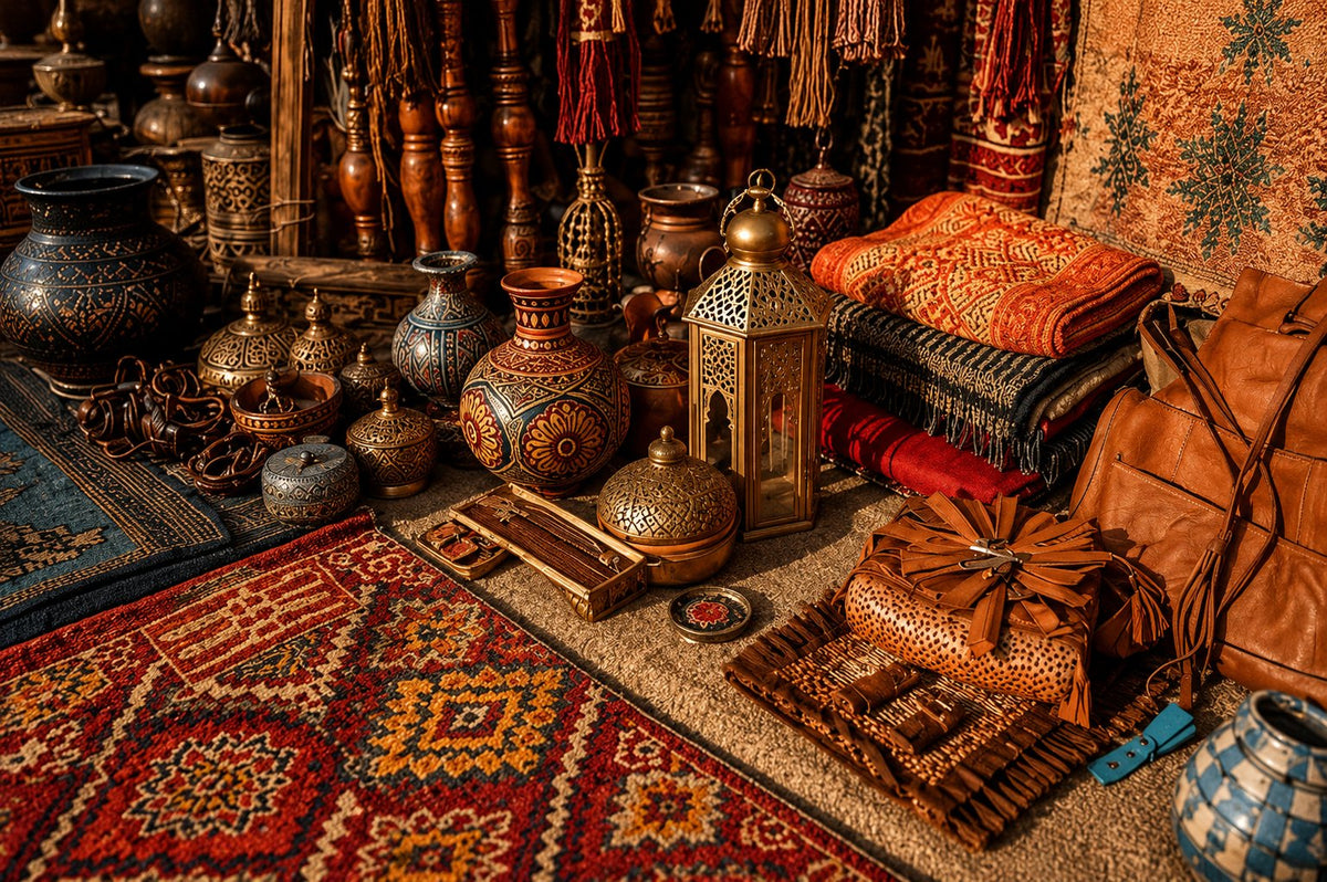Souk stall with patterned rugs, engraved metal vases and lanterns