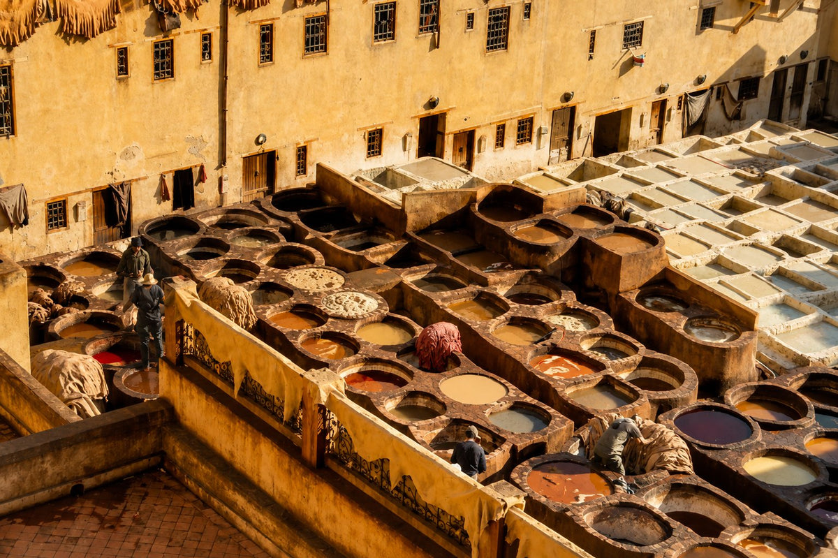 Tanneries of Fes seen from above, stone vats filled with dyes and hides