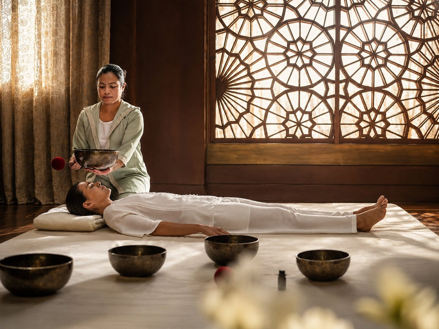 Therapist holding a singing bowl over a person lying on a mat, brass bowls in front of a carved screen