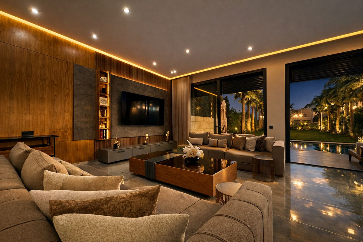 An evening lounge with low lights and sofas facing the garden