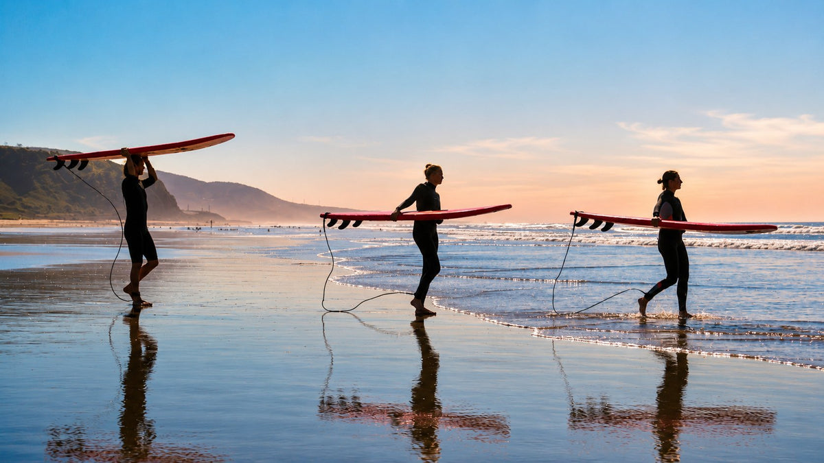 A surf instructor teaching the pop-up on the sand at Taghazout, Morocco.