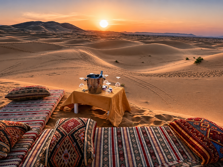 The Erg Chebbi dunes at dawn near Merzouga with a quiet luxury desert camp, Moroccan Sahara.
