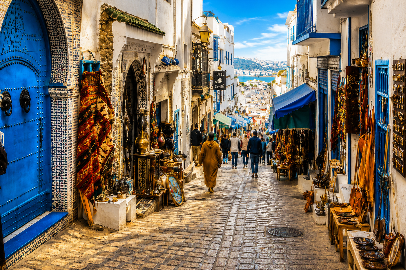 A private guide leading a family through a narrow Tangier medina lane in morning light, Morocco.
