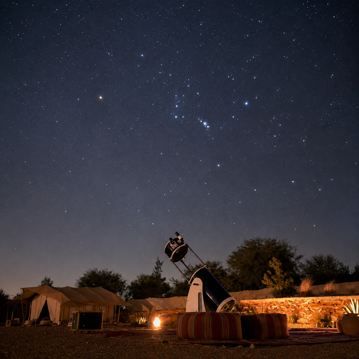 A child by the campfire with an Amazigh storyteller in the Agafay desert at dusk, Morocco.