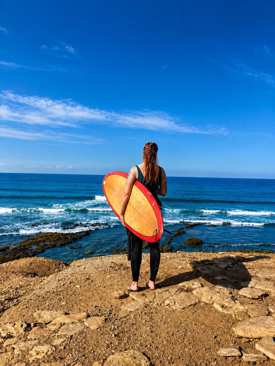 Beginner surfers in the morning line-up at Taghazout on Morocco's Atlantic coast.