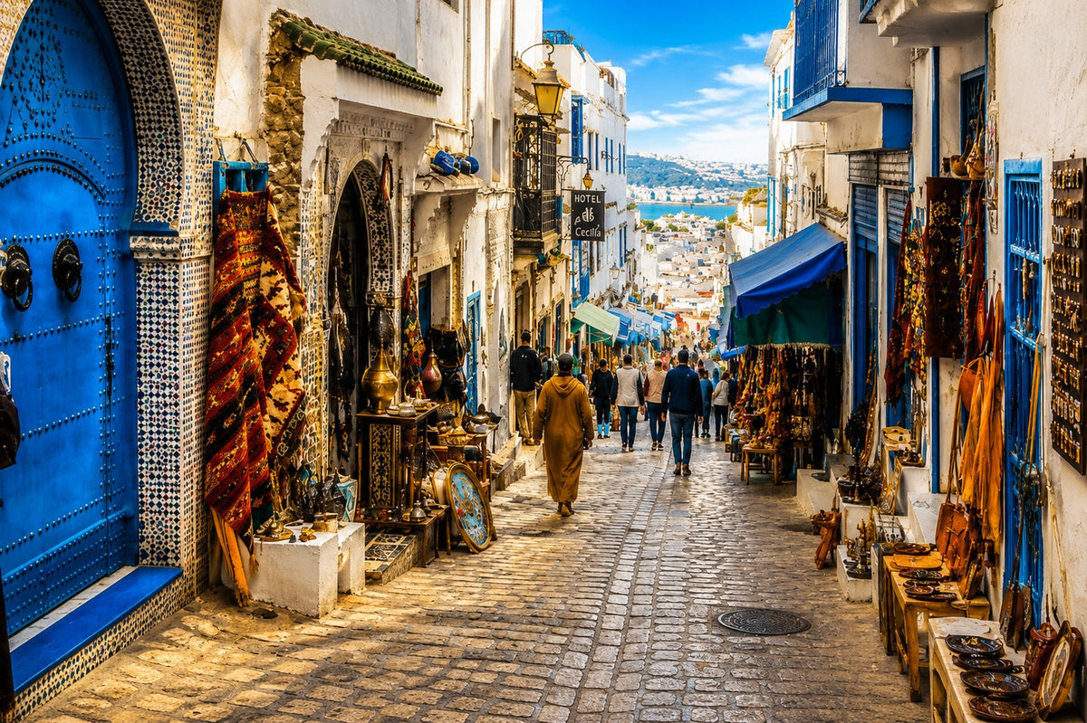A private guide leading a family through a narrow Tangier medina lane in morning light, Morocco.