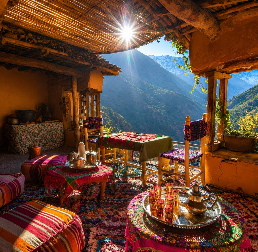 An Atlas village communal wood-fired oven with woodsmoke rising over the Ourika valley, Morocco.