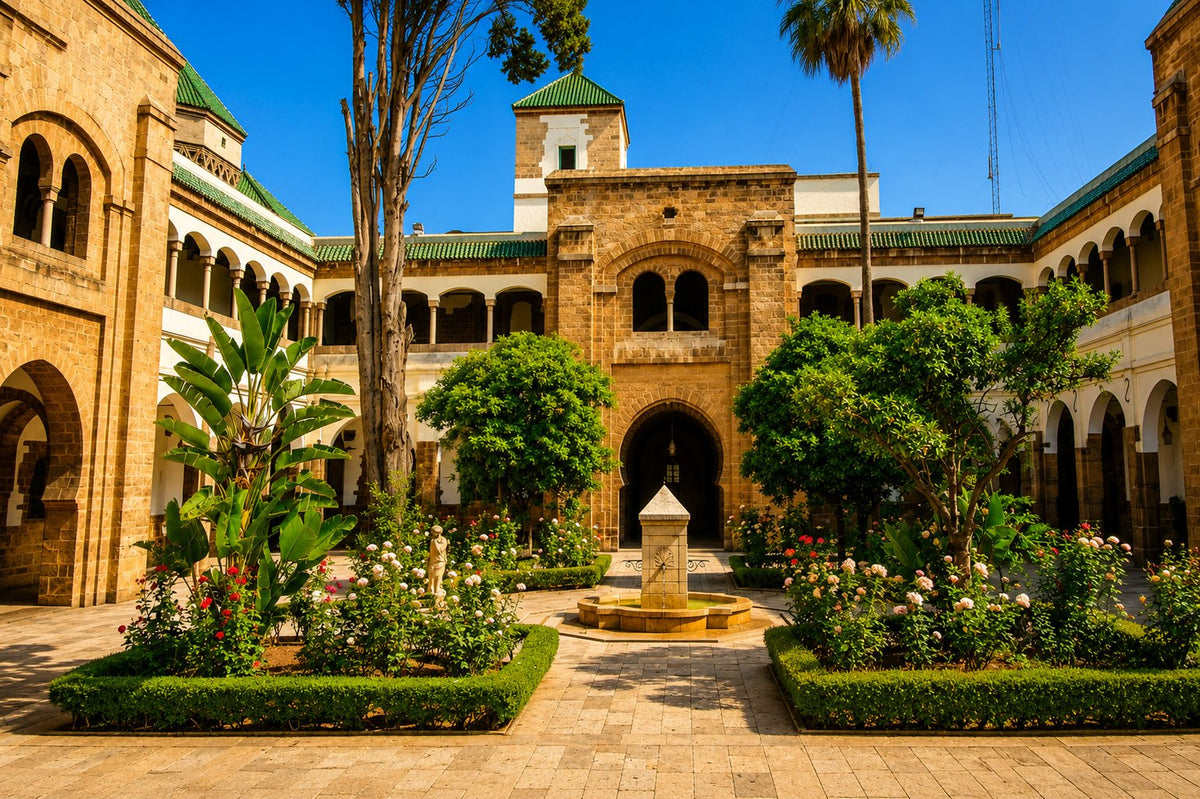 Courtyard garden with rose beds and a fountain inside a stone arcaded building