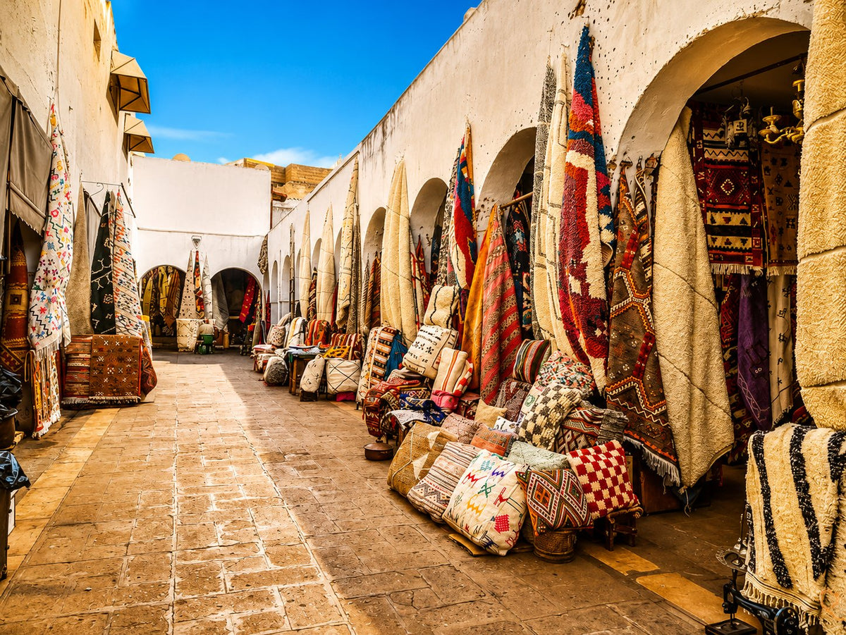 Rugs and carpets hung along a whitewashed arcade in a sunlit market street