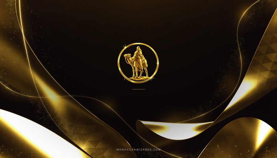 Moroccan Wizards gold emblem, a camel and rider inside a ring, on a black background with flowing gold ribbons