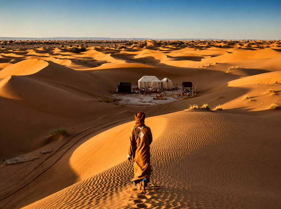The dune crests of Erg Chigaga at last light with a 4x4 track and a remote desert camp, Moroccan Sahara.