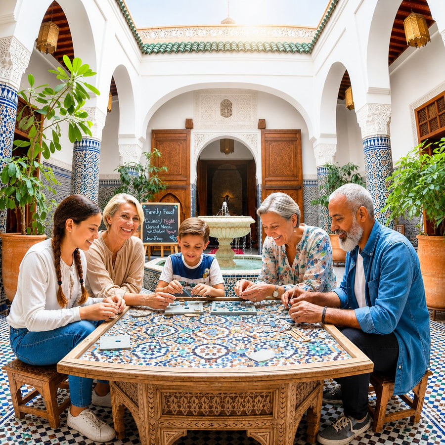 A private children's atelier afternoon in a Marrakech riad courtyard, kids at low tables under orange trees, Morocco.
