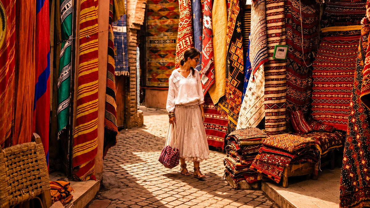 Woman in a white dress walking past hanging rugs and carpets in a souk alley