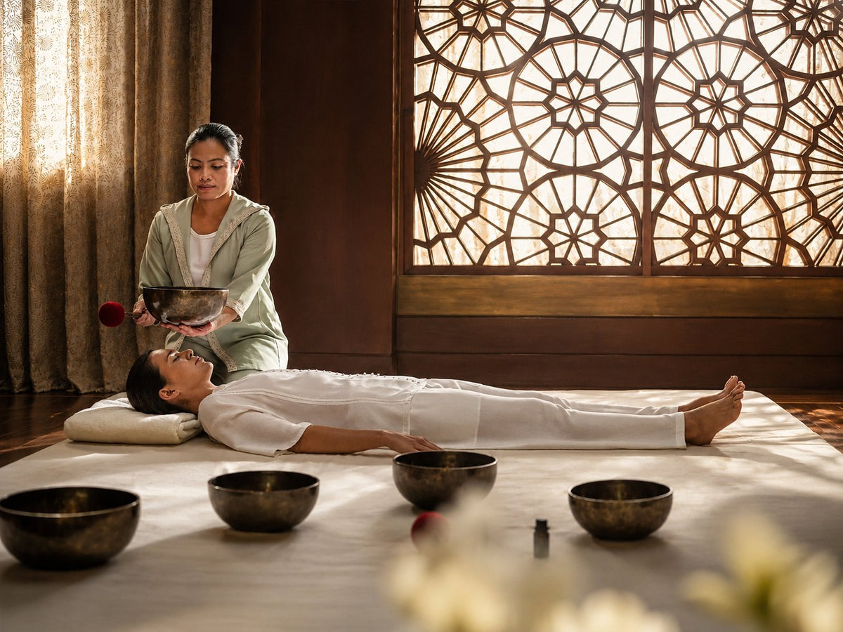Therapist holding a singing bowl over a person lying on a mat, brass bowls in front of a carved screen