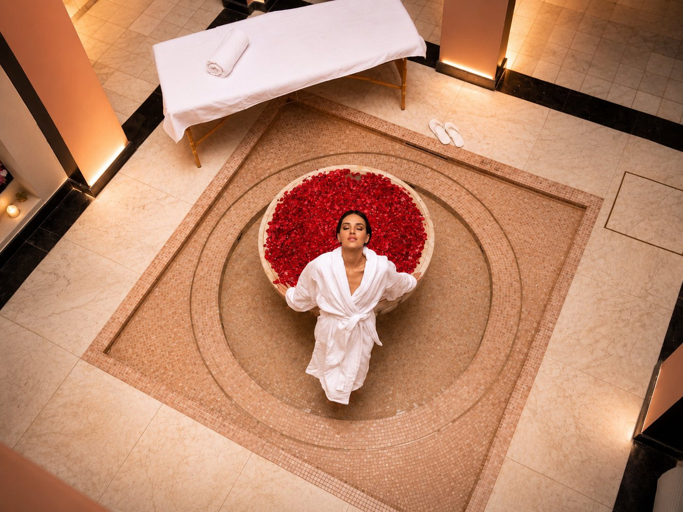 Woman in a white robe sitting in a round bath of rose petals beside a massage table, seen from above