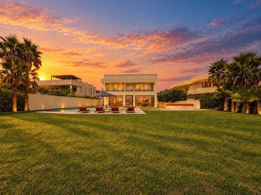 The lawn and pool of a private villa under a pink sunset sky