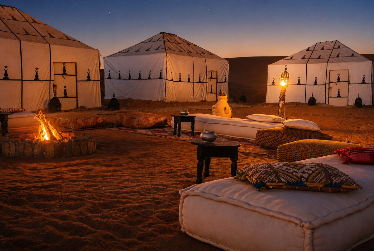 A nomad campfire and bread in the embers under a star-filled desert sky near Zagora, Morocco.