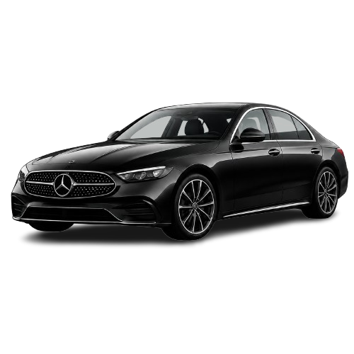 Black Mercedes E-Class sedan, front three-quarter view