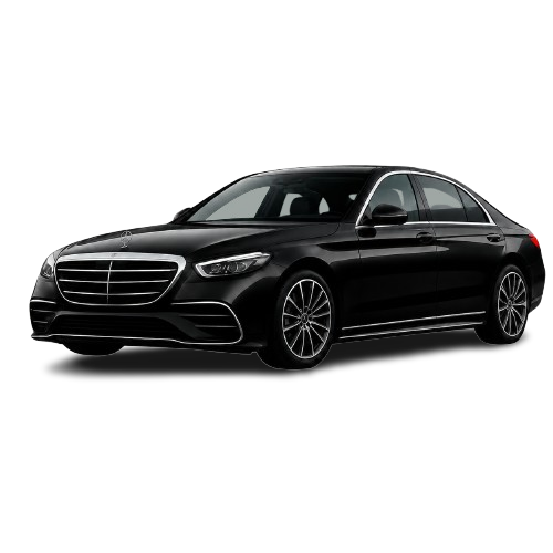 Black Mercedes S-Class sedan, front three-quarter view