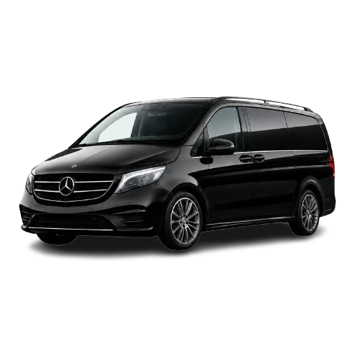 Black Mercedes V-Class van, front three-quarter view