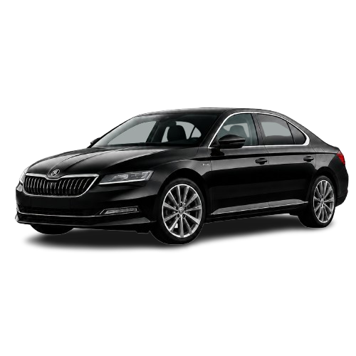 Black Skoda Superb sedan, front three-quarter view