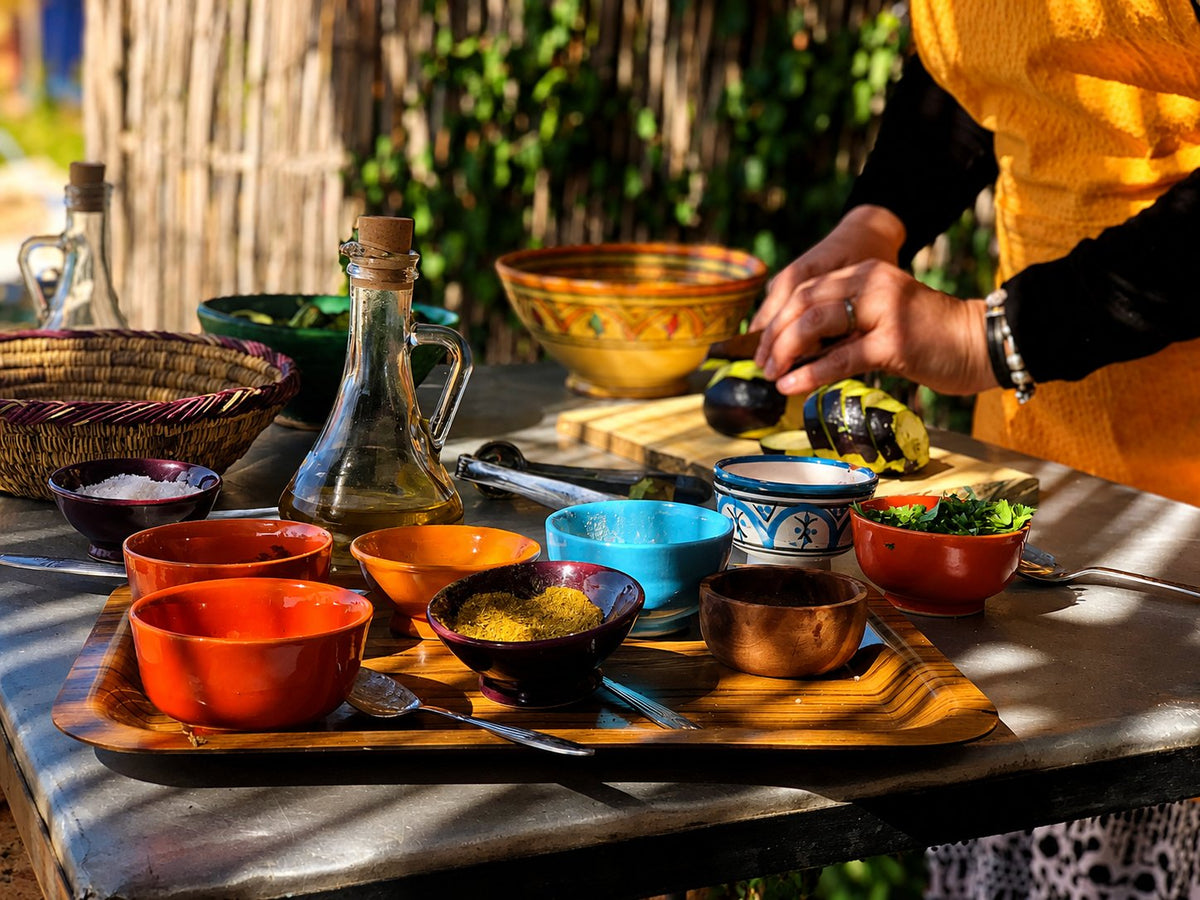Bowls of spices and vegetables on a wooden tray, hands preparing ingredients