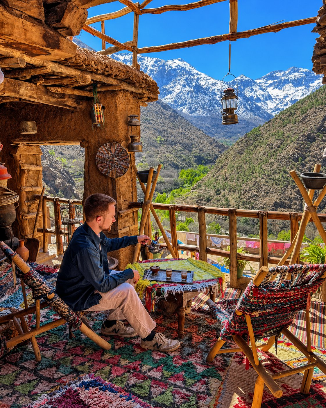 Man seated on a rug-covered terrace pouring tea, snow-capped mountains behind