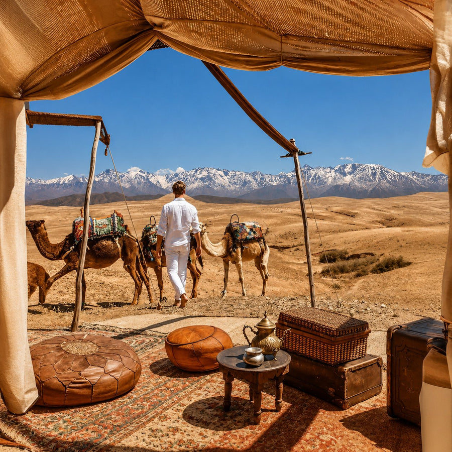 A family desert camp on the Agafay stone plateau at golden hour with the High Atlas behind, Morocco.