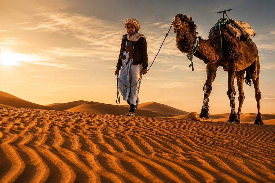 Man in a white djellaba leading a camel across sand dunes at sunset