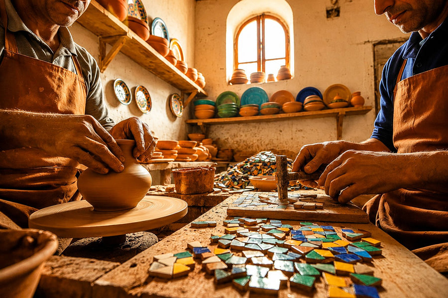 A child's hands on the master potter's wet clay on the wheel in a Fes medina workshop, Morocco.